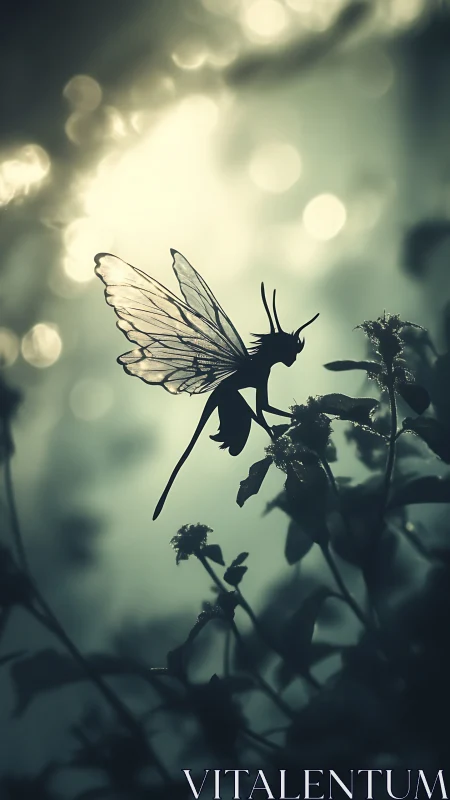 Silhouetted winged humanoid figure rests on foliage stem