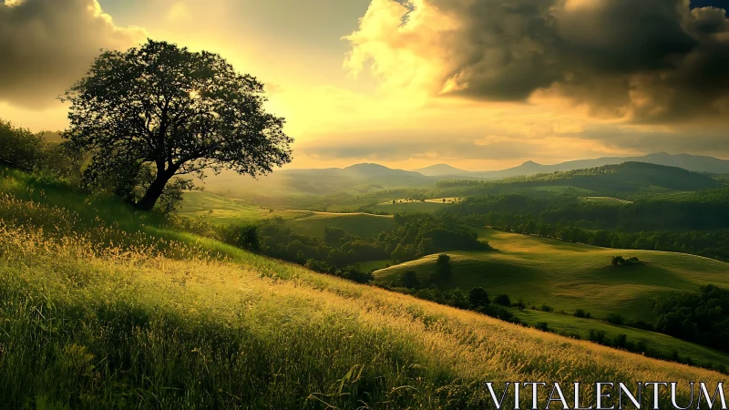 Photorealistic hillside landscape under dramatic golden sky.