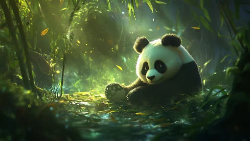 Forest-glow panda daydreams in a puddle of soft sunlight.