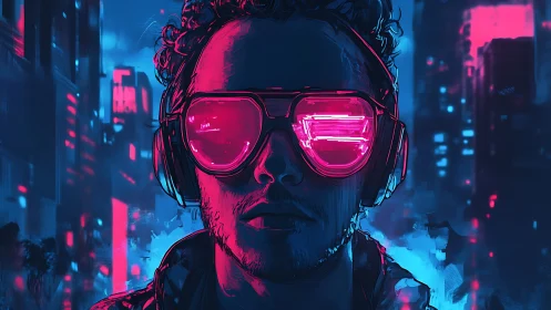 Neon visor reflects a futuristic city in saturated cyberpunk glow.