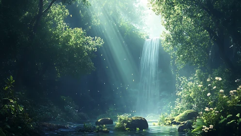 Sunlit forest waterfall with misty pool and lush foliage.