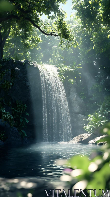 Sunlit jungle waterfall pours into still forest pool.