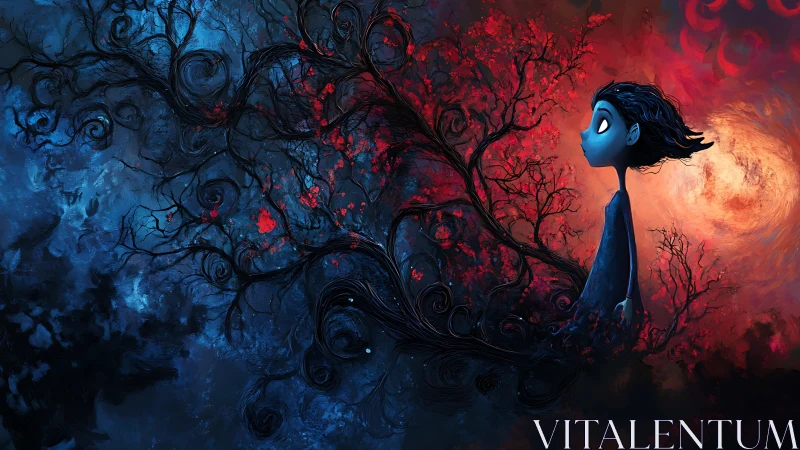 Moonlit dreamer watches tangled branches bridge night skies