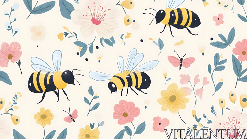 Bumbling garden bees dance through pastel blossoms in flight.