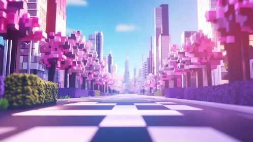 Voxel spring boulevard with depth-of-field and vanishing-point alignment