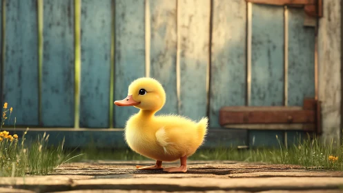 Photorealistic Yellow Duckling in Rustic Farmyard Setting