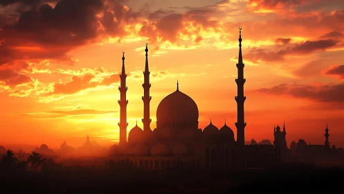 Silhouette of mosque and minarets against vivid sunset sky.