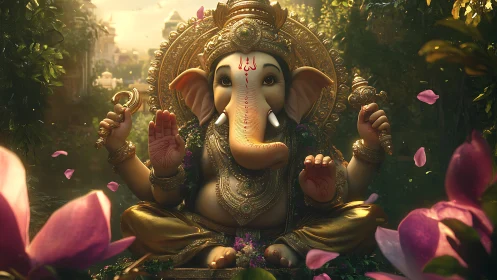 Divine Ganesha idol amid golden forest shrine at dawn.