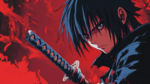 Brooding blue swordsman carved from wildfire red skies.