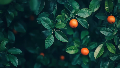 Midnight citrus chorus among brooding emerald leaves.