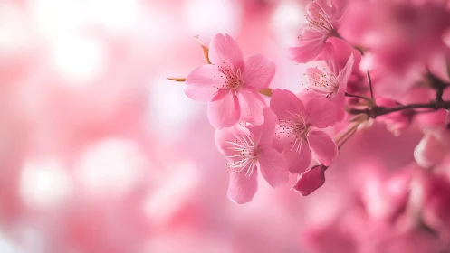 Pink Cherry Blossoms on Branch with Blurred Floral Background