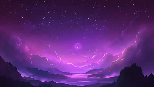 Purple celestial seascape under star-filled night sky.
