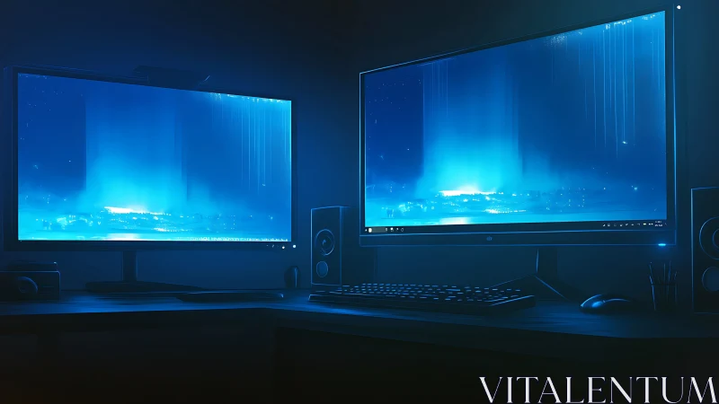 Cool dual-monitor desk setup glows in soft blue night light