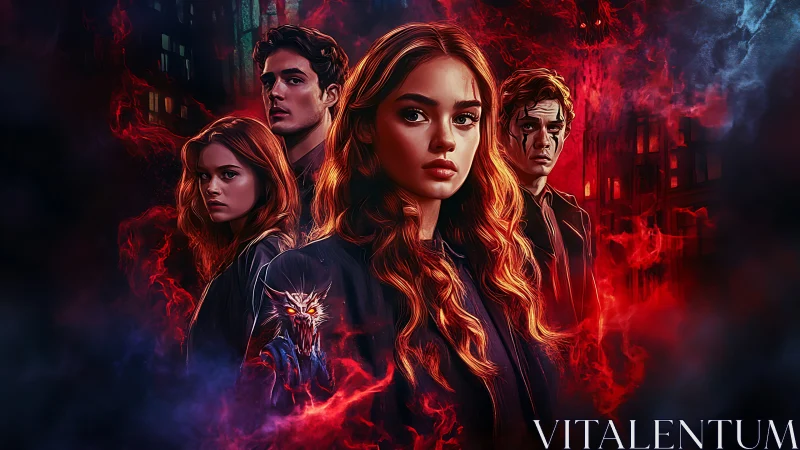 Haunted young heroes stand amid crimson supernatural flames.