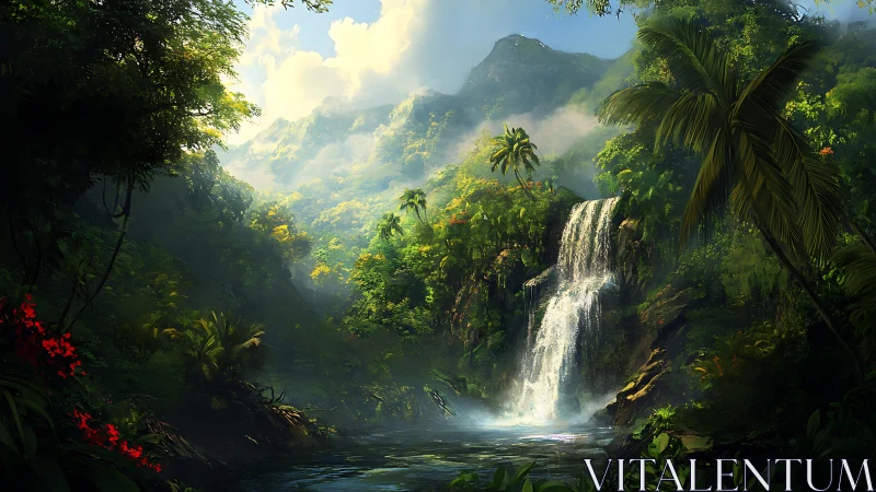Digital rendering shows tropical waterfall in dense valley