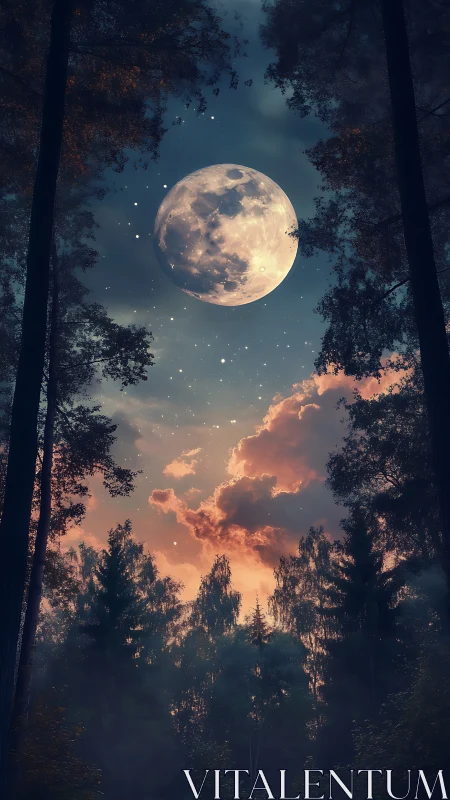 Luminous Moon Framed Between Dark Forest Silhouettes.