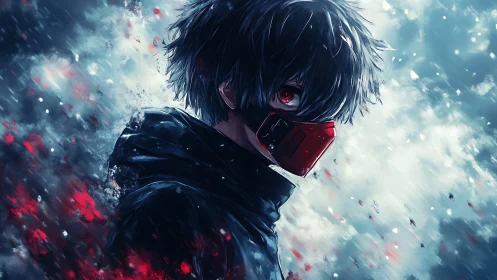 Masked white-haired antihero in storm of cyan and crimson light.