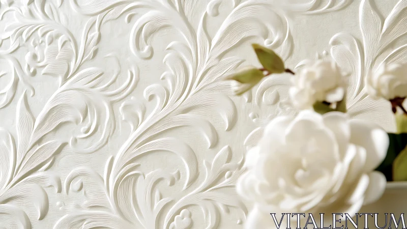 Ornate white relief wall with soft-focus ivory florals foreground.
