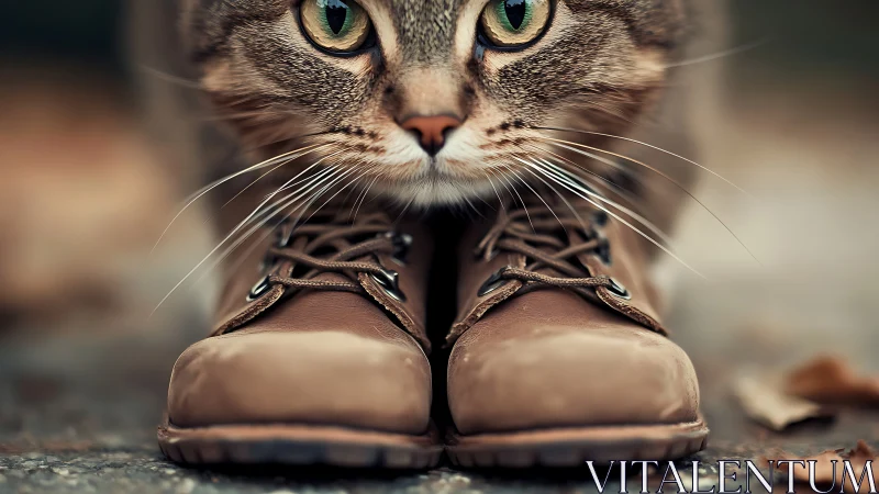 Tabby cat peers over tan leather boots on pavement.