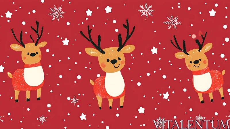 Playful cartoon reindeer on festive red snowflake field.