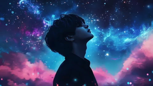 Silhouetted dreamer contemplates neon galaxies in quiet awe