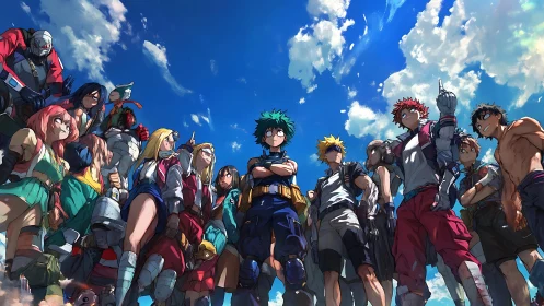 Heroic anime students stand united under expansive sky