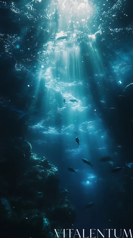 Sunlit ocean cavern where quiet fish drift through blue beams.