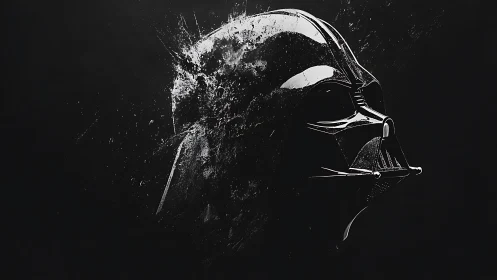 Dark armored helmet in shattering monochrome profile study.