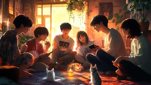 Soft evening stories with friends, sunlight, and small cats.