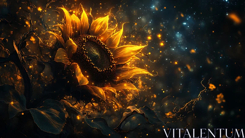 Sunflower rendered in luminous abstract cosmic field.