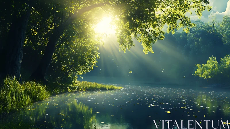 Digital painting of sunlit woodland river with misty glow.