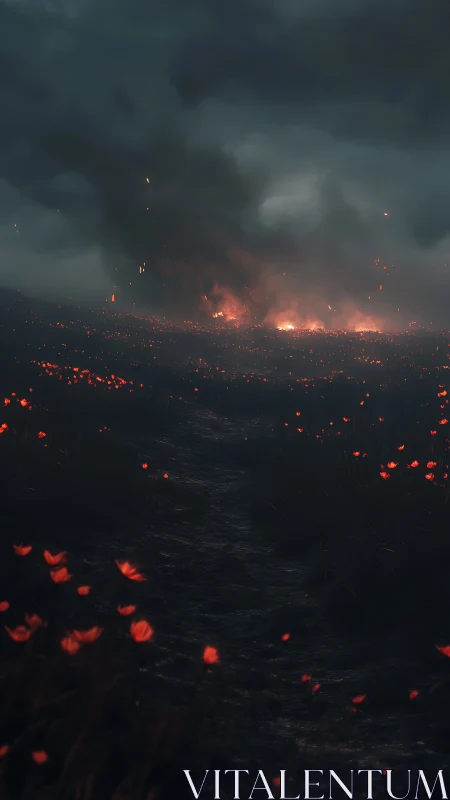 Wildfire Devastation: Glowing Embers Across Scorched Landscape.