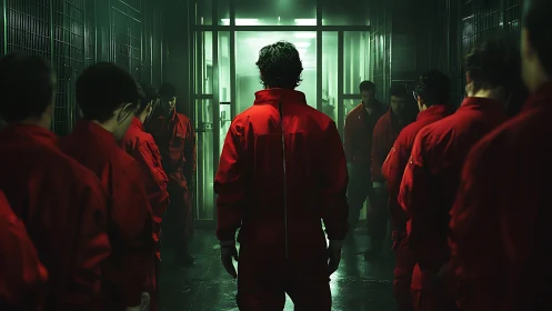 Tense corridor moment unites workers in bold red uniforms