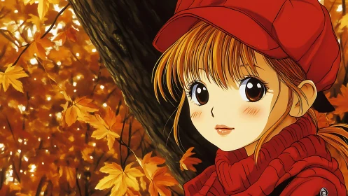 Autumn anime girl in red coat beneath glowing maple leaves.