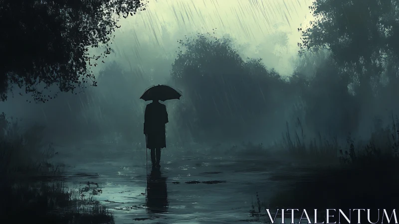 Solitary umbrella stitches silence into the rain-soaked dusk