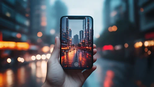 Handheld smartphone frames neon city street in wet twilight