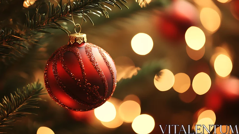 Red glass ornament on evergreen branch with defocused lights.