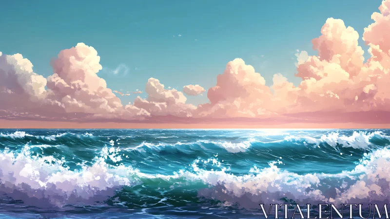 Sunlit mid-ocean waves under luminous cumulus cloudbank