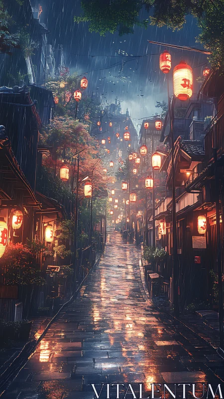 Rain-soaked lantern street dreaming in soft electric hush.