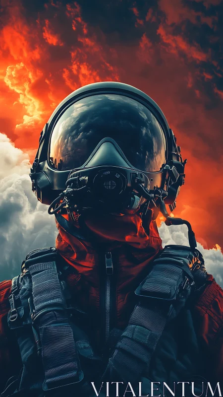 Skybound pilot silhouetted against blazing storm clouds.