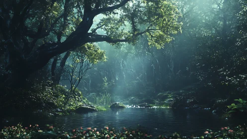 Mystical forest stream bathed in ethereal luminous light through canopy
