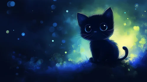 Silhouetted Black Feline With Luminous Blue Eyes in Ethereal Particle Environment