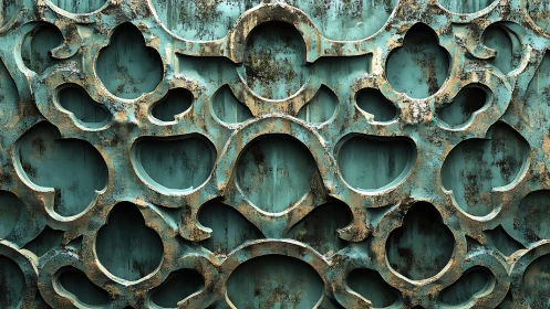 Weathered turquoise ornamental metal grille with vintage texture.