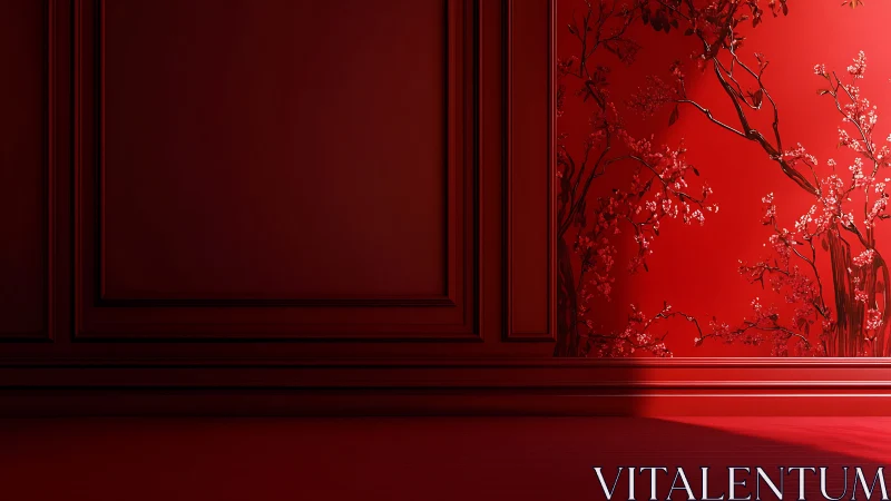 Red interior wall with floral mural and sharp side light.