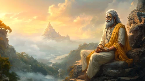 Meditating sage above misty valley and distant golden temple.