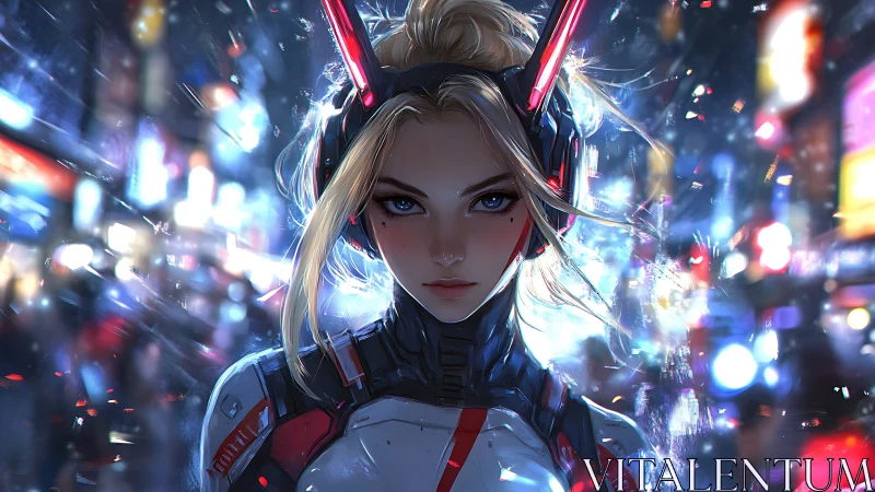Cyberpunk heroine portrait in neon-lit urban battlefield.