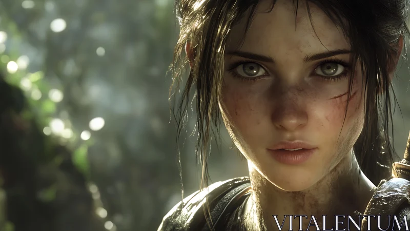 Fearless young adventurer stares ahead in sunlit jungle.