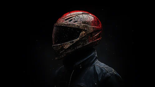 Motorcyclist in red weathered helmet against black background.