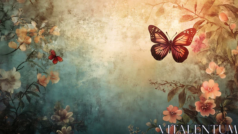 Butterfly-laden floral gradient under textured vintage light.