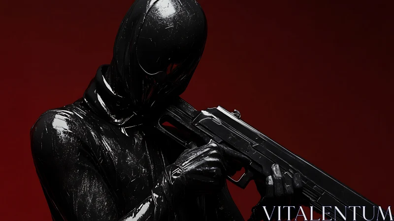 Obsidian gunner leans into crimson silence and gleaming threat